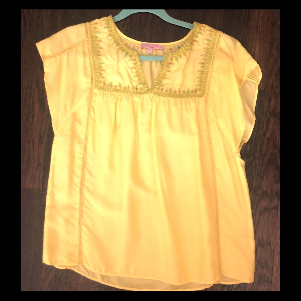 Bright yellow peasant top w multicolor embroidery